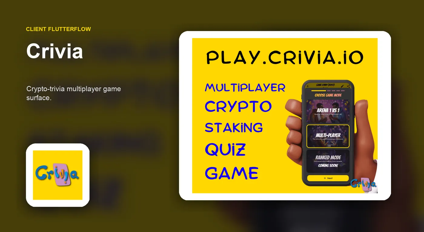 Crivia FlutterFlow client app portfolio cover.