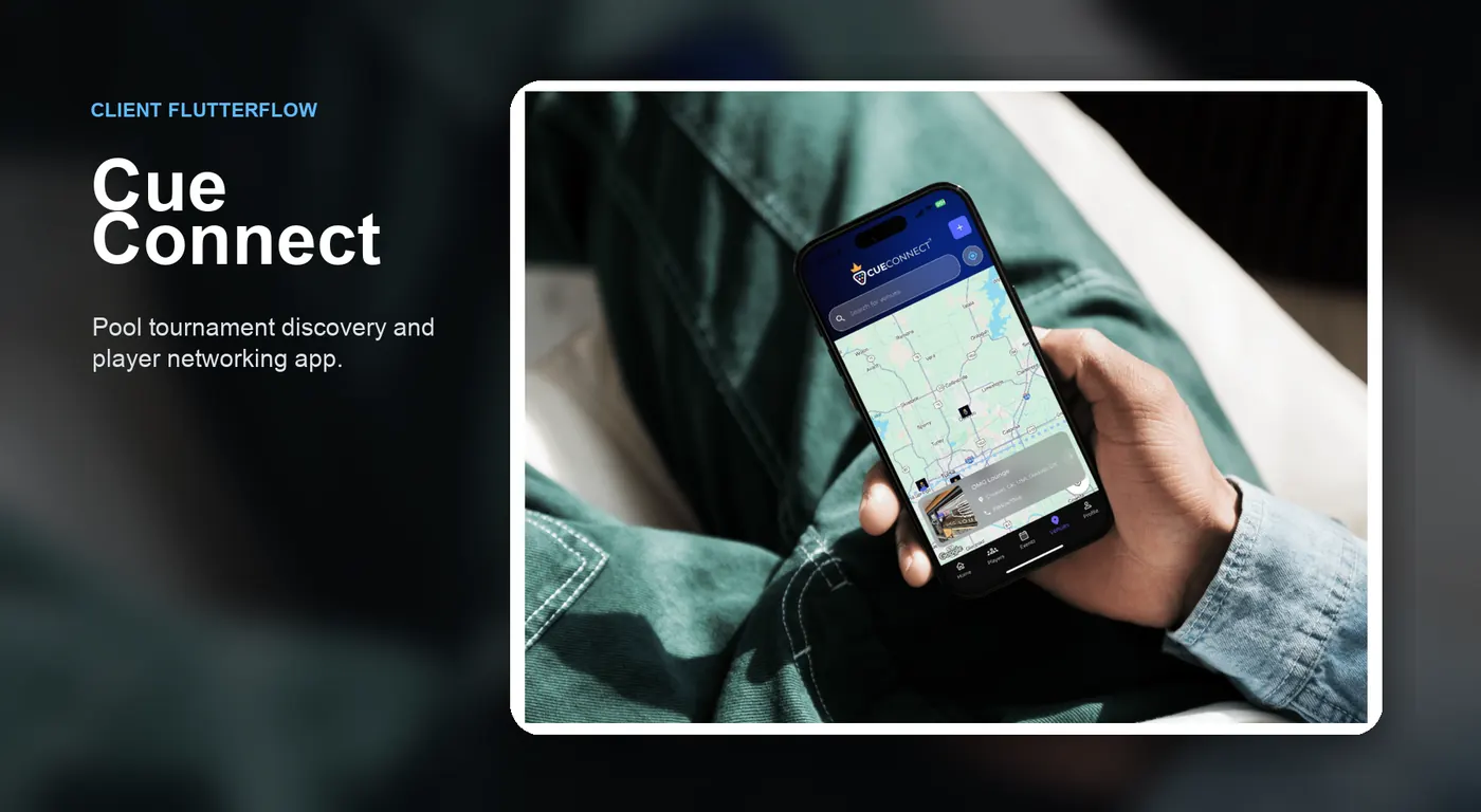 Cue Connect FlutterFlow client app portfolio cover.