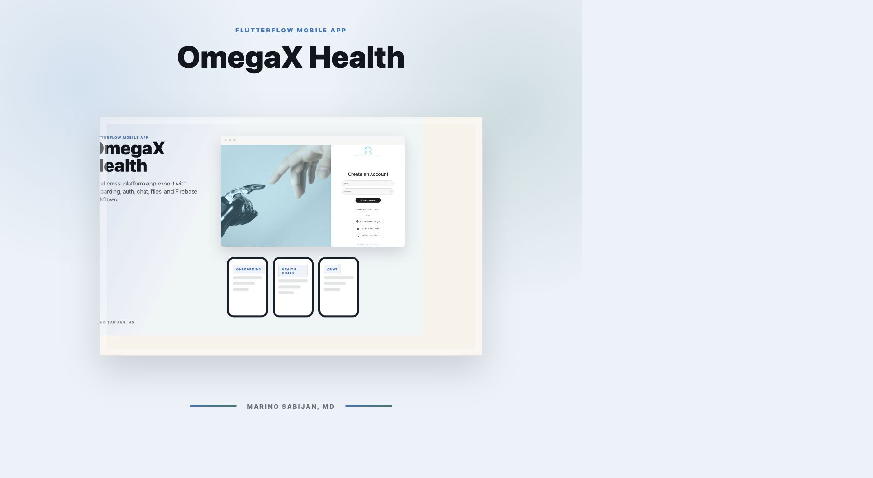 OmegaX Health FlutterFlow app portfolio screenshot.