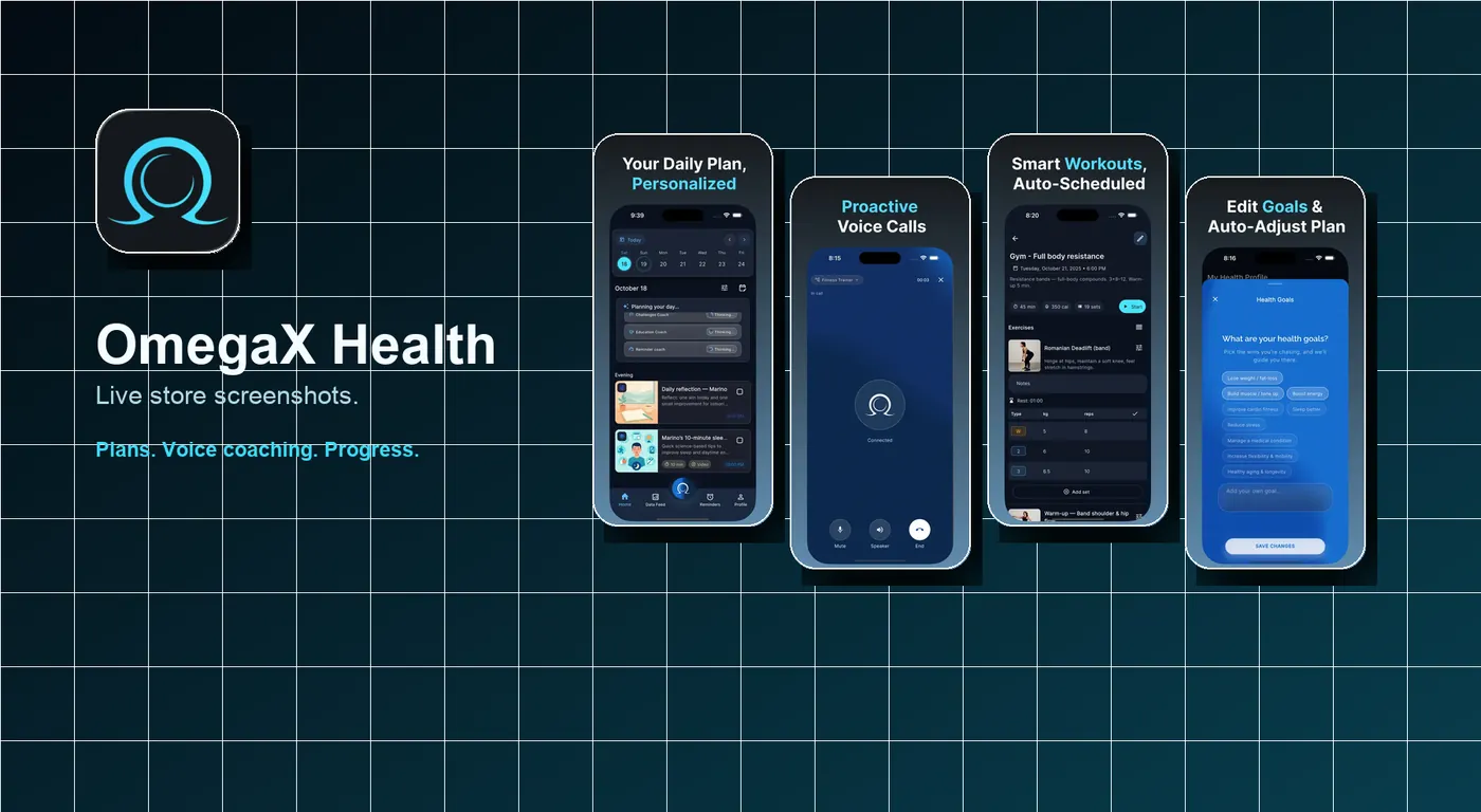 OmegaX Health FlutterFlow app portfolio screenshot.
